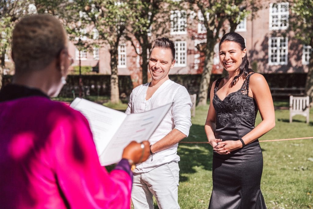 wedding celebrant Amsterdam marriage officiant of colour with south african couple 