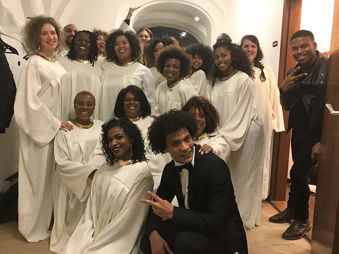 White Gospel outfits and gowns with golden neckline