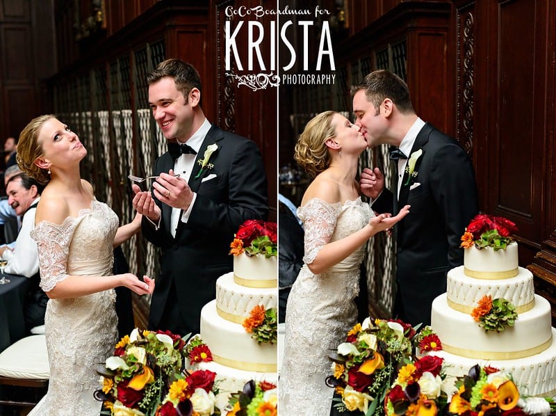 Evening Wedding Ceremony white bride and white groom kissing and feeding cake to one another