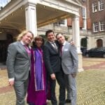 Ceremonie tekst schrijven wedding reviews woman in purple robe with gay couple dressed in grey wedding suits