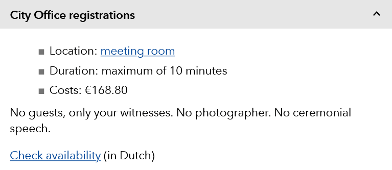 Dutch wedding Amsterdam city office registrations fee