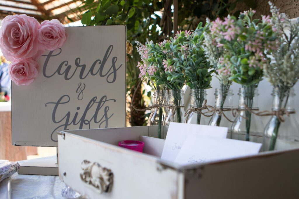 Wedding gift registry gift box for monetary gifts and cards of good wishes.