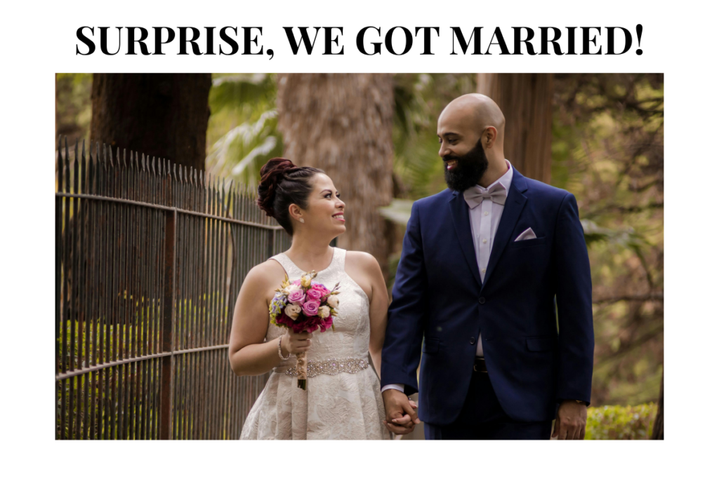 Surprise, we got married in Amsterdam couple walking hand-in-hand in the park.